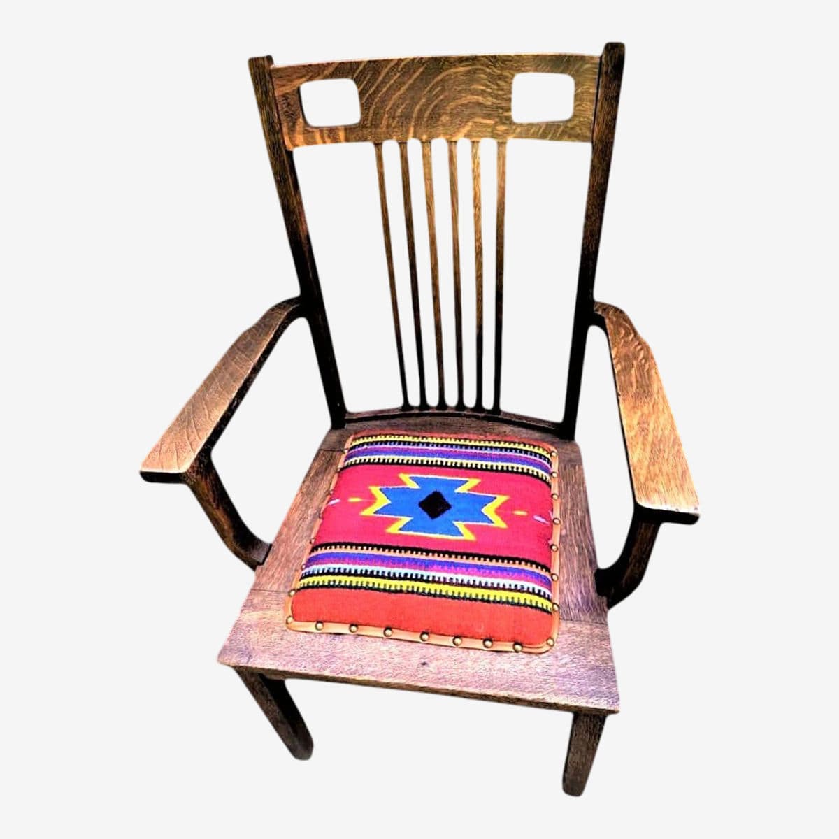 Antique in the Manner of Frank Lloyd Wright - Prairie Style Quarter Sawn Oak Arm Chair With Hand Woven Oaxaca Tapestry Seat - Early 20th Century - Image 1