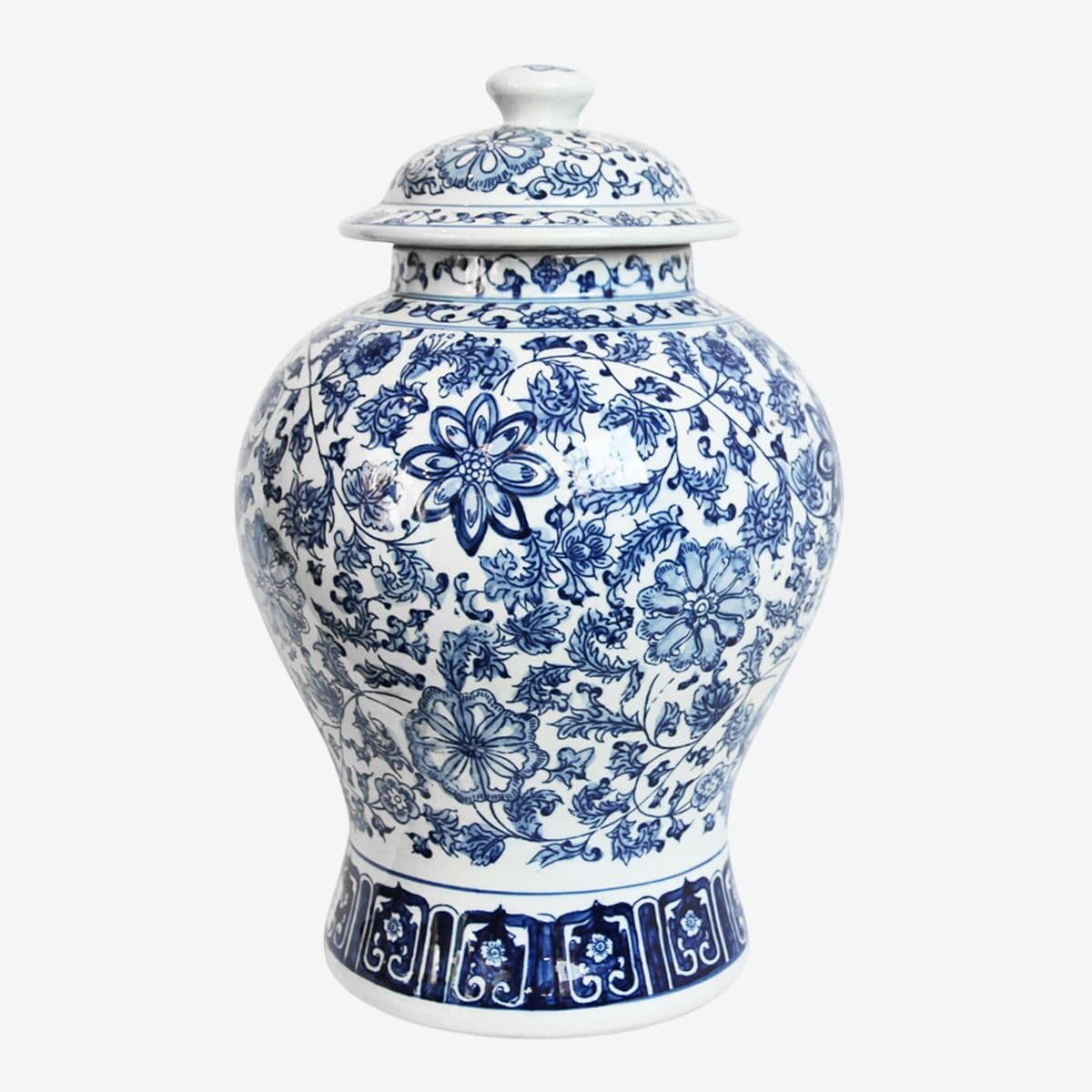 Blue & White Floral Porcelain Urn - Image 1