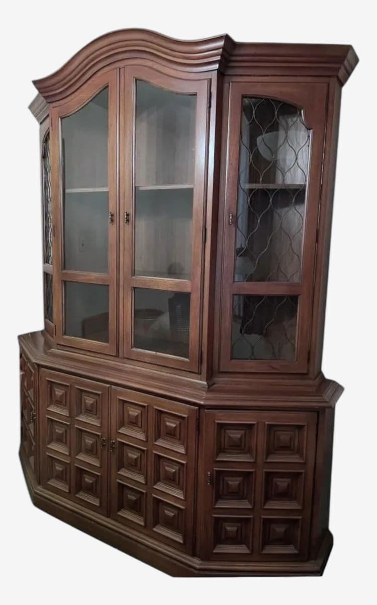 Drexel Esperanto Walnut Spanish Style Breakfront China Cabinet Made in 1967 - Image 1