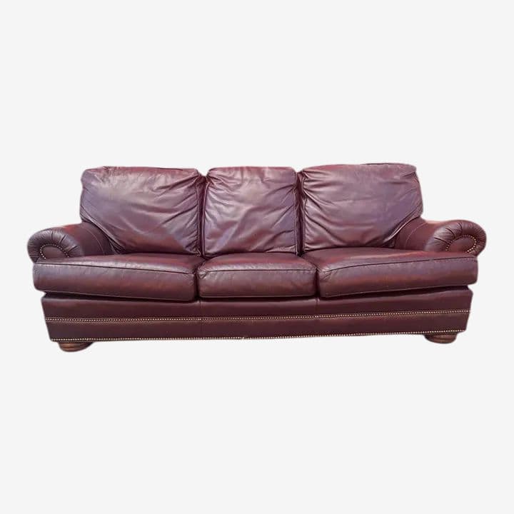 Thomasville Burgundy Leather 92” Sofa With Nail Head Trim - Image 1