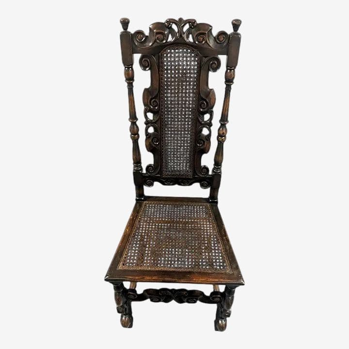 Antique Spanish Hacienda Style Accent Chair in Carved Walnut and Caning - Early 20th Century - Image 1