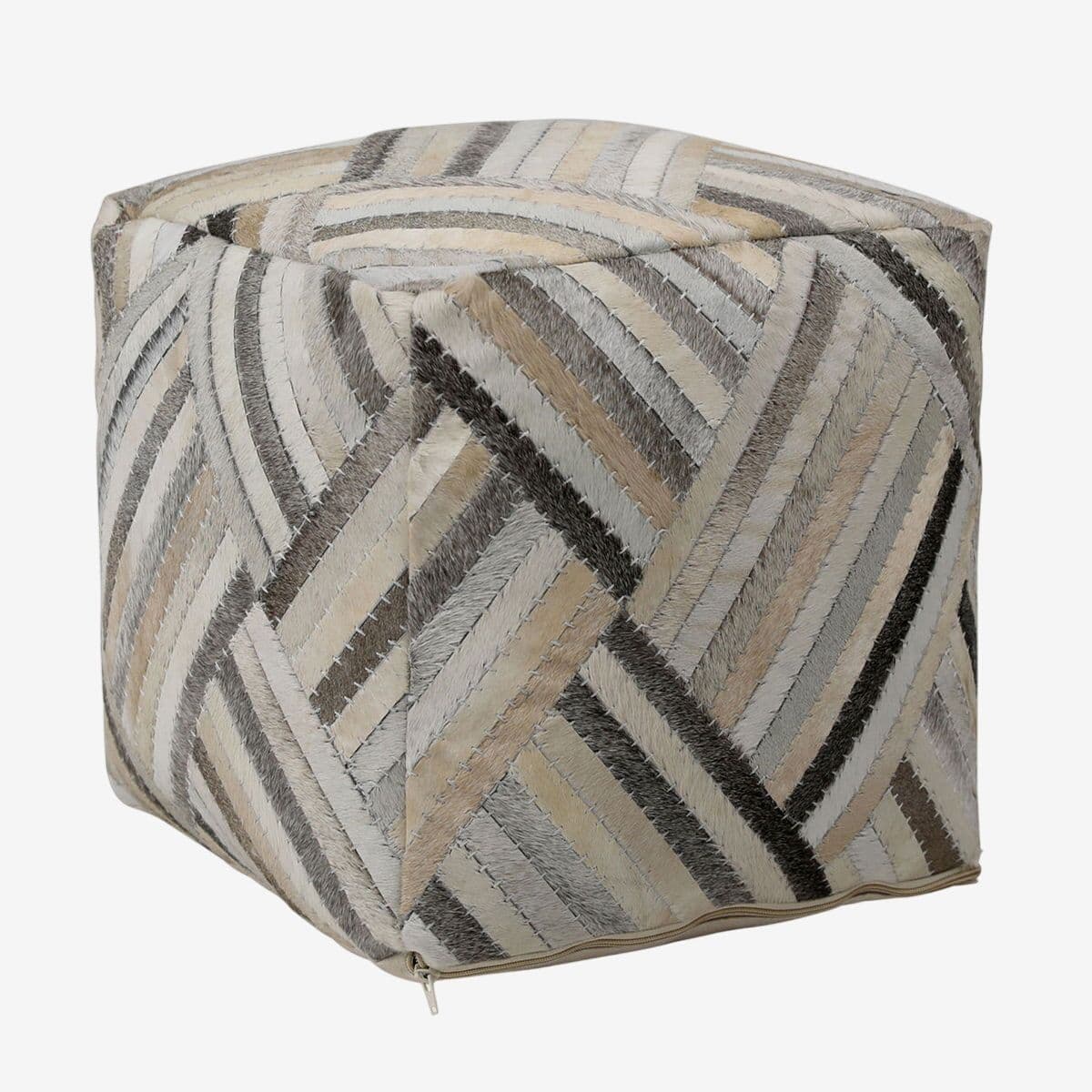 Neutral Stripes Goat Hide Pouf - Image 1