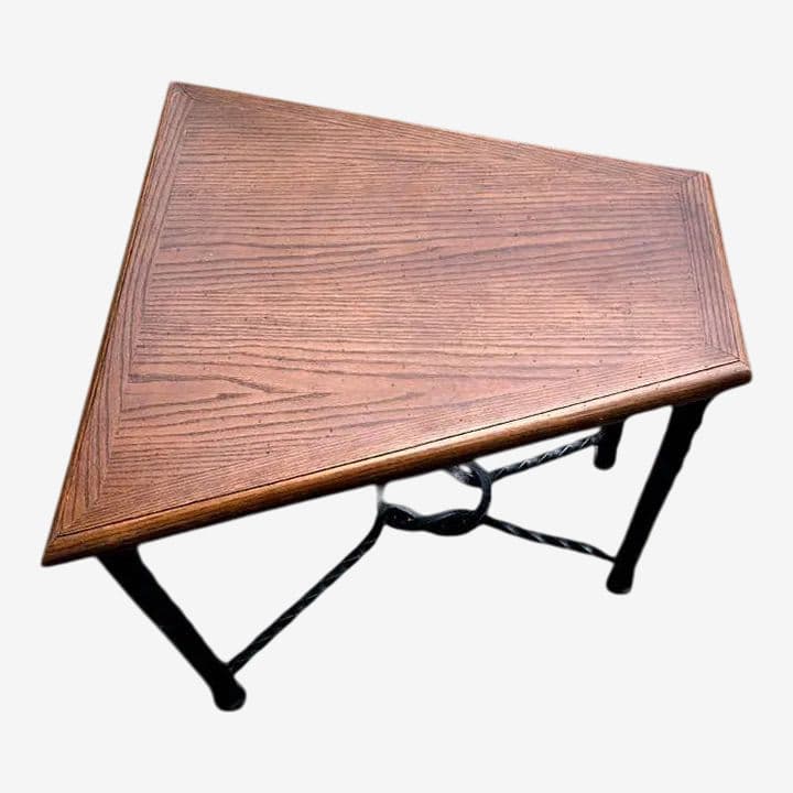 Mid 20th Century Trapezoid Oak and Wrought Iron Side Table - Image 1