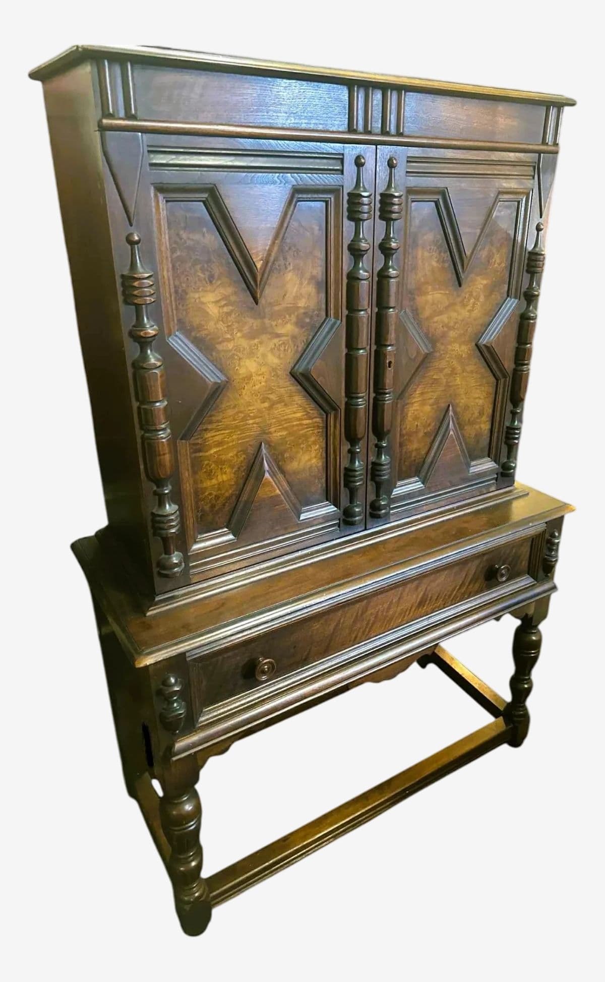 Grand Rapids Antique 1920s Walnut and Burlwood Spanish Revival Liquor Cabinet or Armoire - By Johnson-Handley-Johnson - Image 1