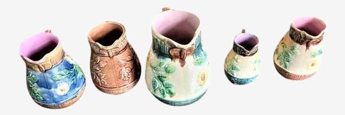 1890s Butterfly Spout Arts & Crafts Etruscan Majolica Pitchers - Set of 5 - Image 1