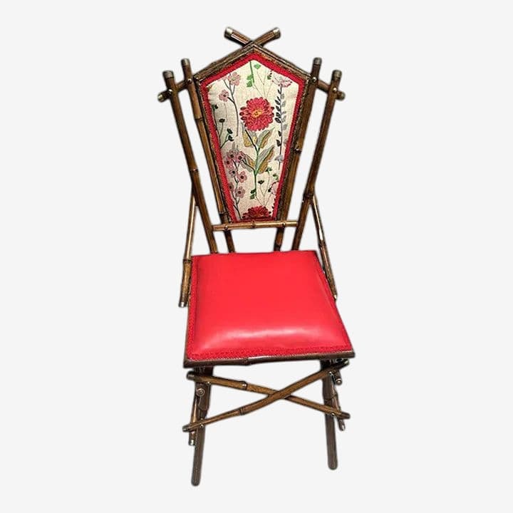 Antique Anglo-Indian Bamboo Campaign Chair With New Leather and Embroidered Upholstery - Late 19th Century - Image 1
