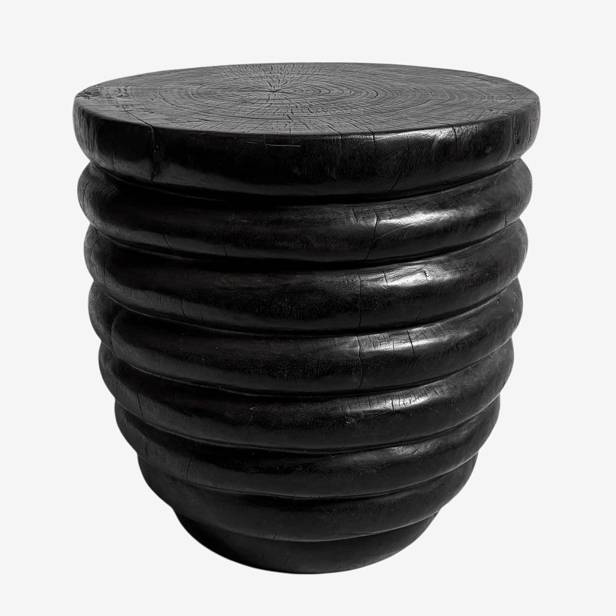 Black Ribbed Solid Wood Stool Side Table - Image 1