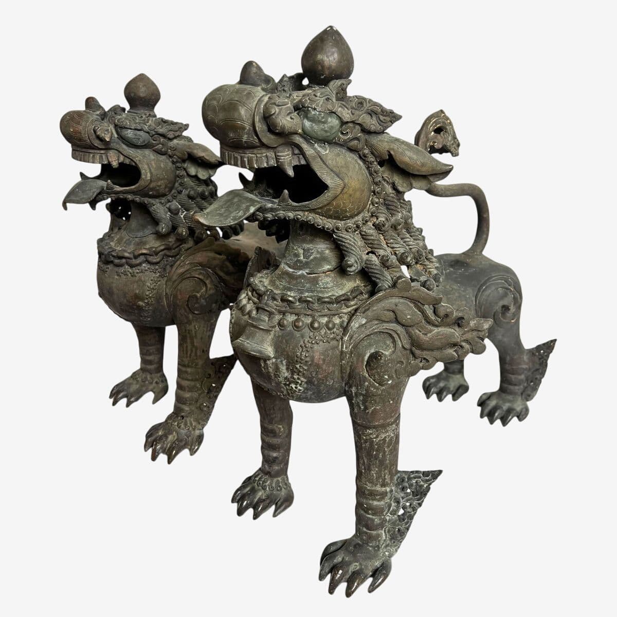 Antique Bronze Thai Singha Temple Lion Pair - Image 1