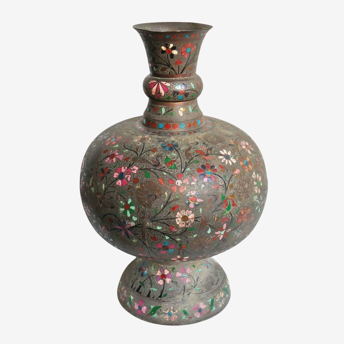 Antique Rajasthan Bronze Engraved Enamel Work Vase - Image 1