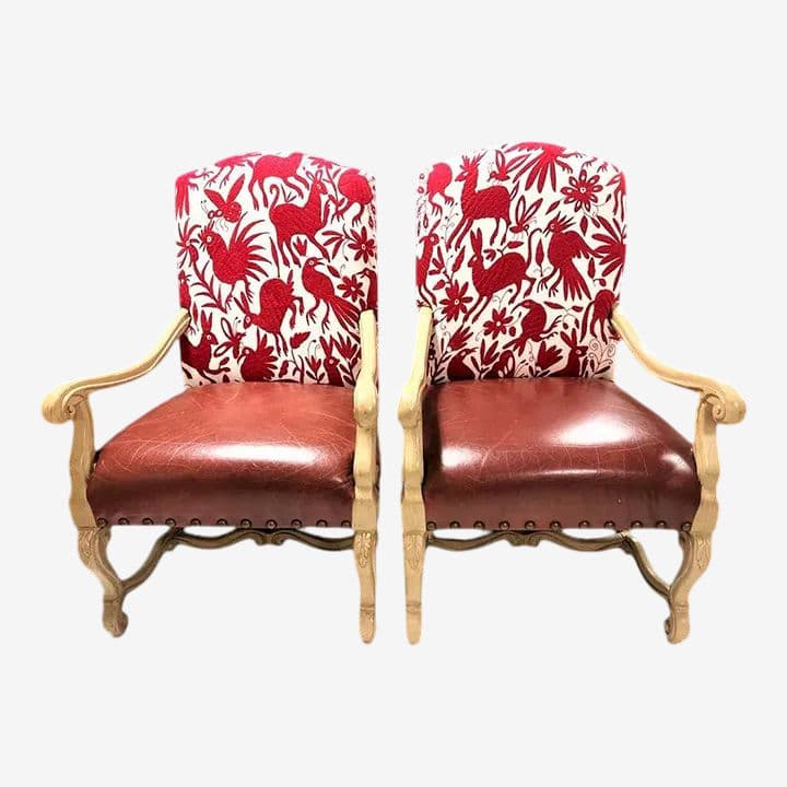 Bernhardt Large Hacienda Chairs in Otomi Hand Embroidery and Leather - a Pair - Early 21st Century - Image 1