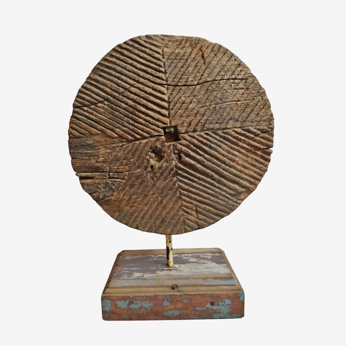 Antique Wood Grinder Wheel on Stand - Image 1