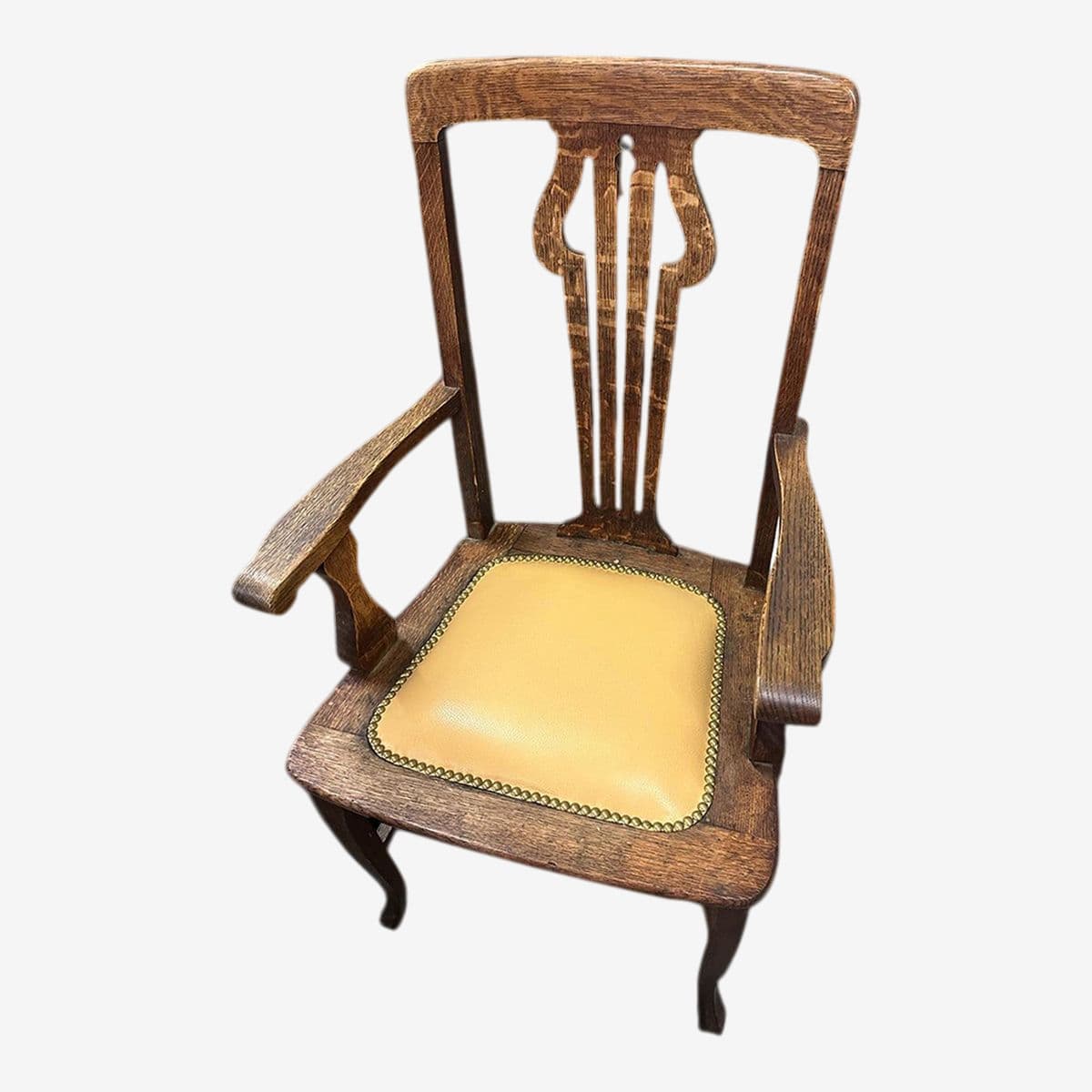 Antique English Liberty and Wyburd Attributed Arts & Crafts Quarter Sawn Oak Arm Chair With New Leather Seat Upholstery - Image 1