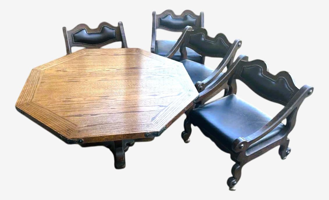 Solid Oak Spanish Colonial Revival Octagonal Game Table and Four Chairs on Brass Casters - Vintage Late 20th Century - Image 1