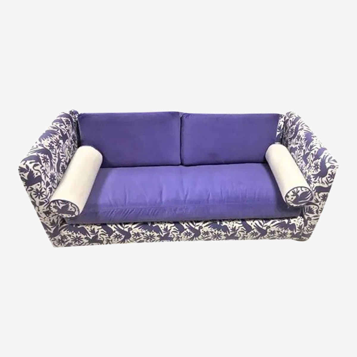 Otomi Print and Velvet Upholstery on Large Mid 20th Century Vintage Hollywood Regency Tuxedo Sofa - Image 1