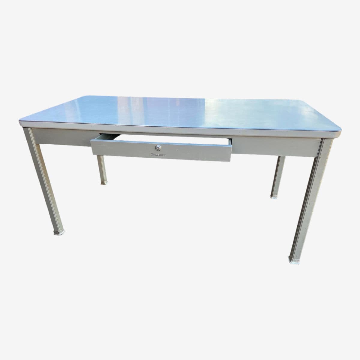 1970s Shaw Walker Vintage Mid Century Modern Metal Tanker Desk With Patina - Image 1