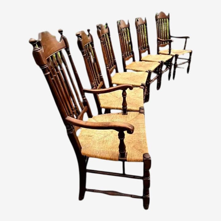 Vintage Solid Walnut and Rush Seat Dining Chairs - Set of 6 With 2 Armchairs - Image 1