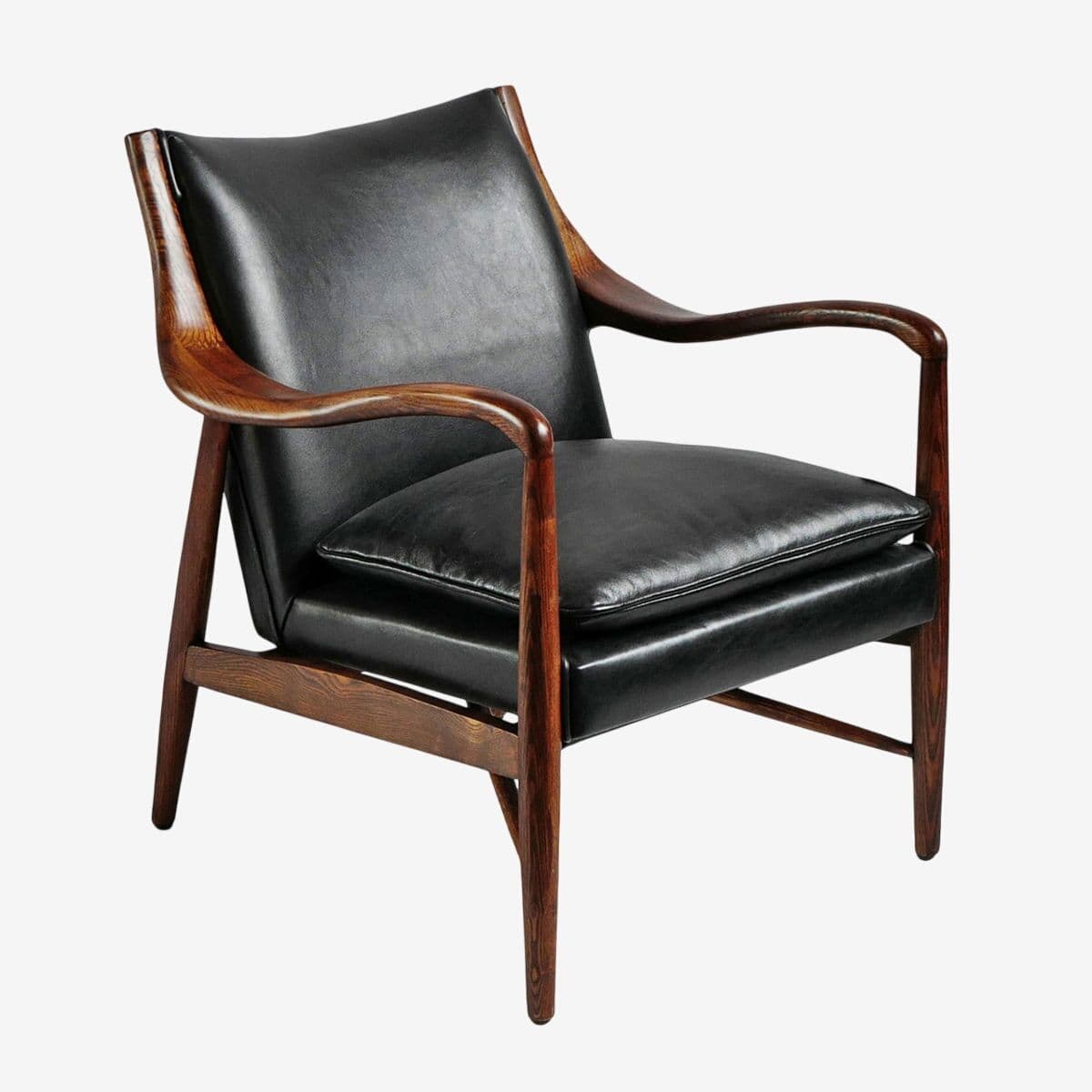 Deco Black Leather & Wood Chair - Image 1