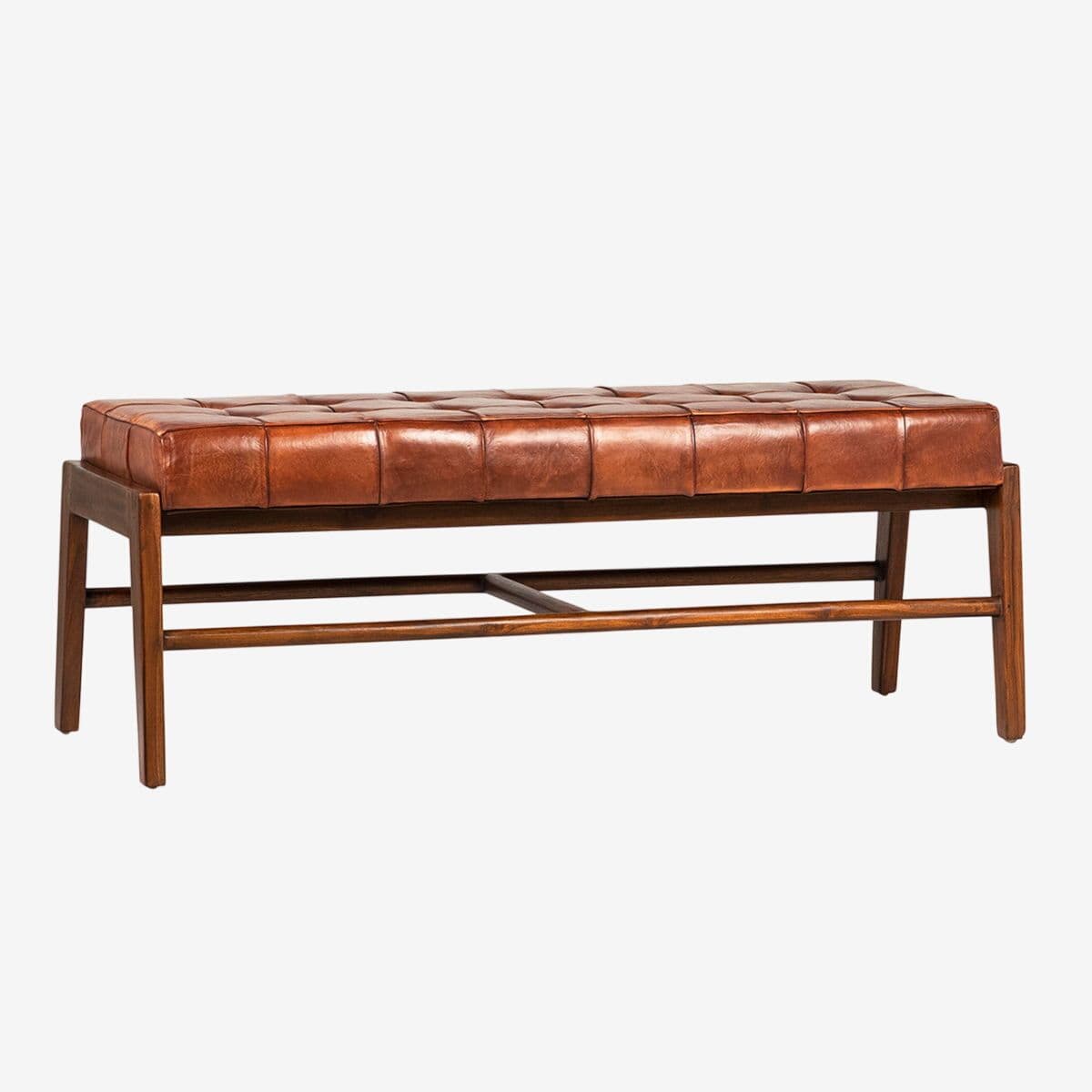 Chestnut Leather & Brown Teak Bench - Image 1