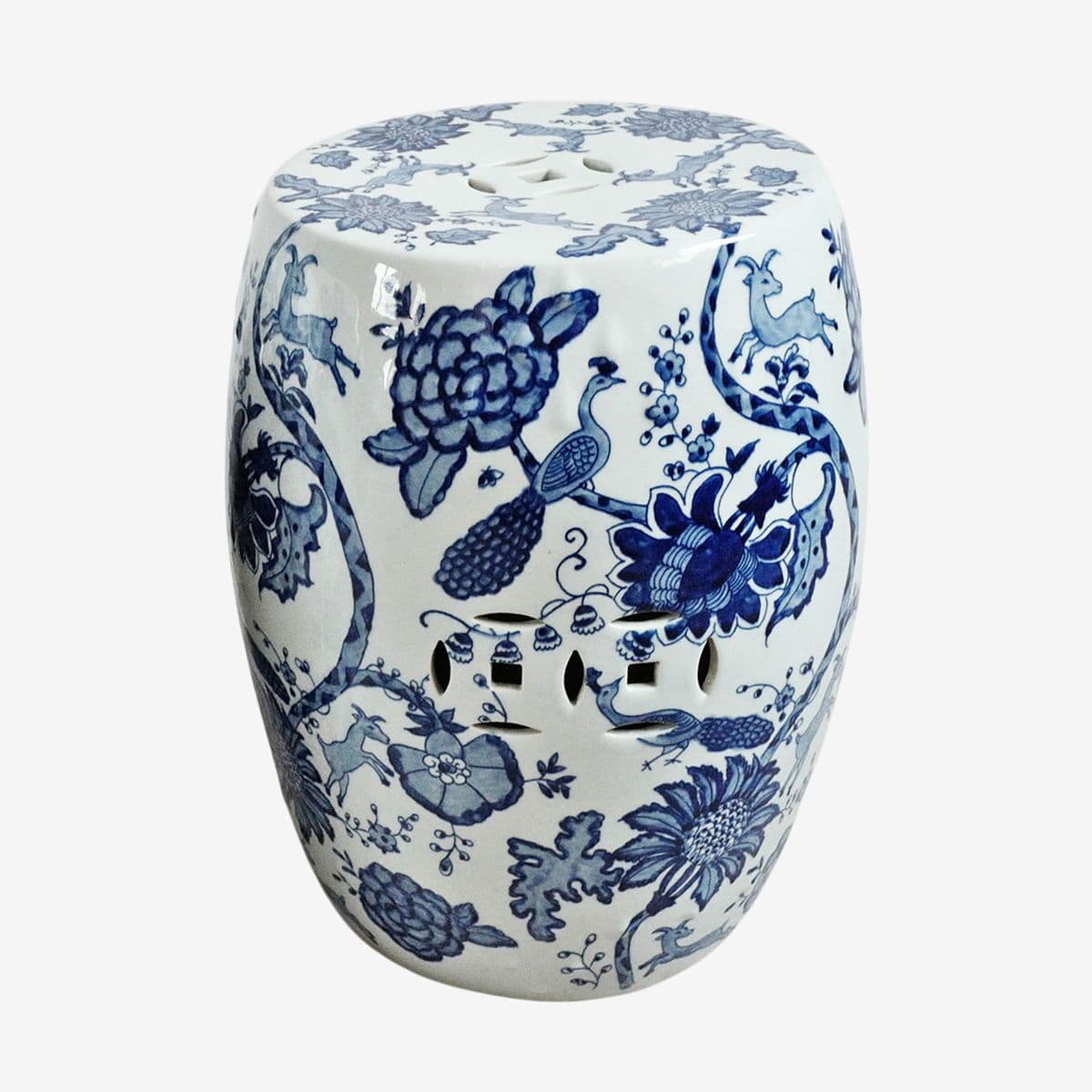 Indigo Blue Floral Bird Ceramic Stool - Image 1