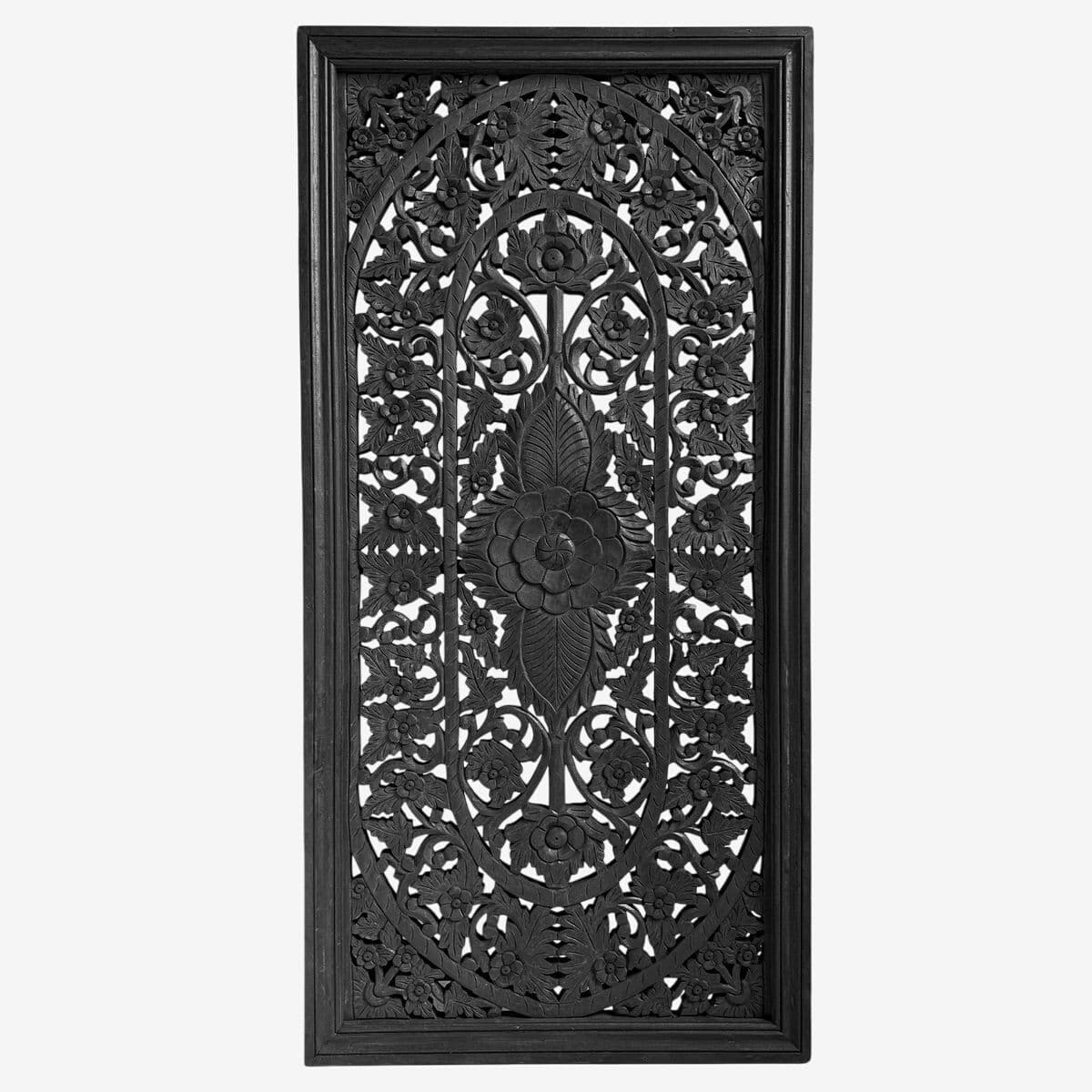 Black Floral Carved Wood Panel - Image 1