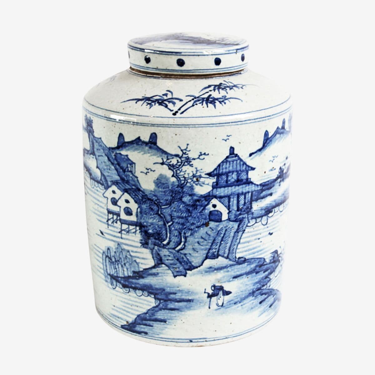 Blue & White Porcelain Village Jar w/Lid - Image 1