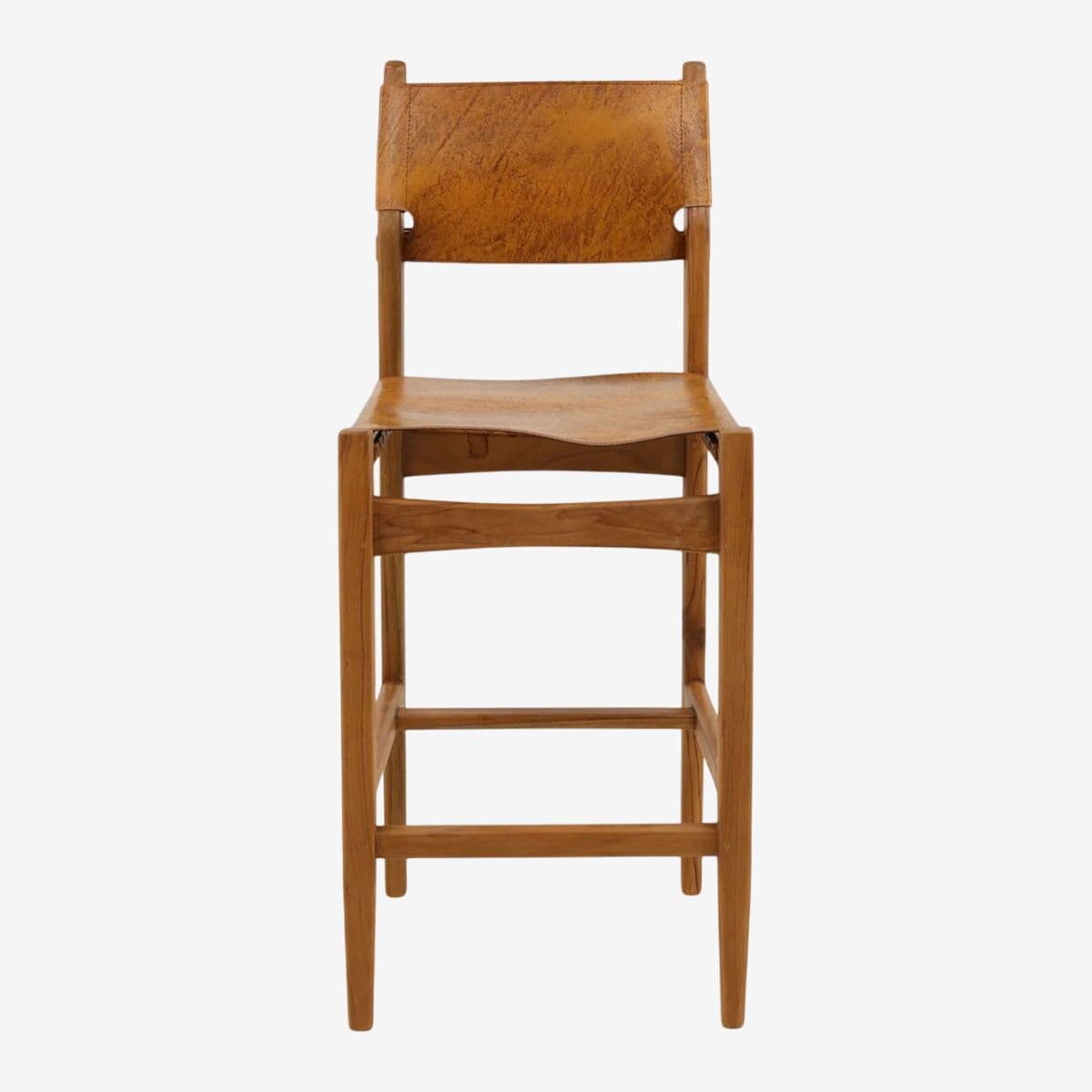 Tan Leather & Teak Counter Stool - Image 1