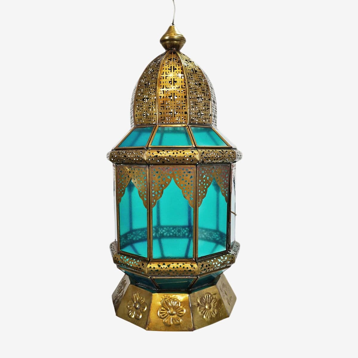 Moorish Brass & Turquoise Glass Lantern - Image 1