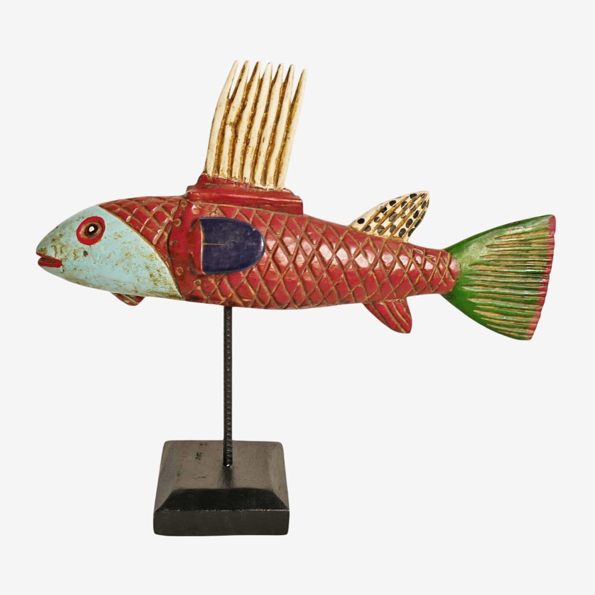 Mali Wood Bozo Fish Puppet on Stand - Image 1