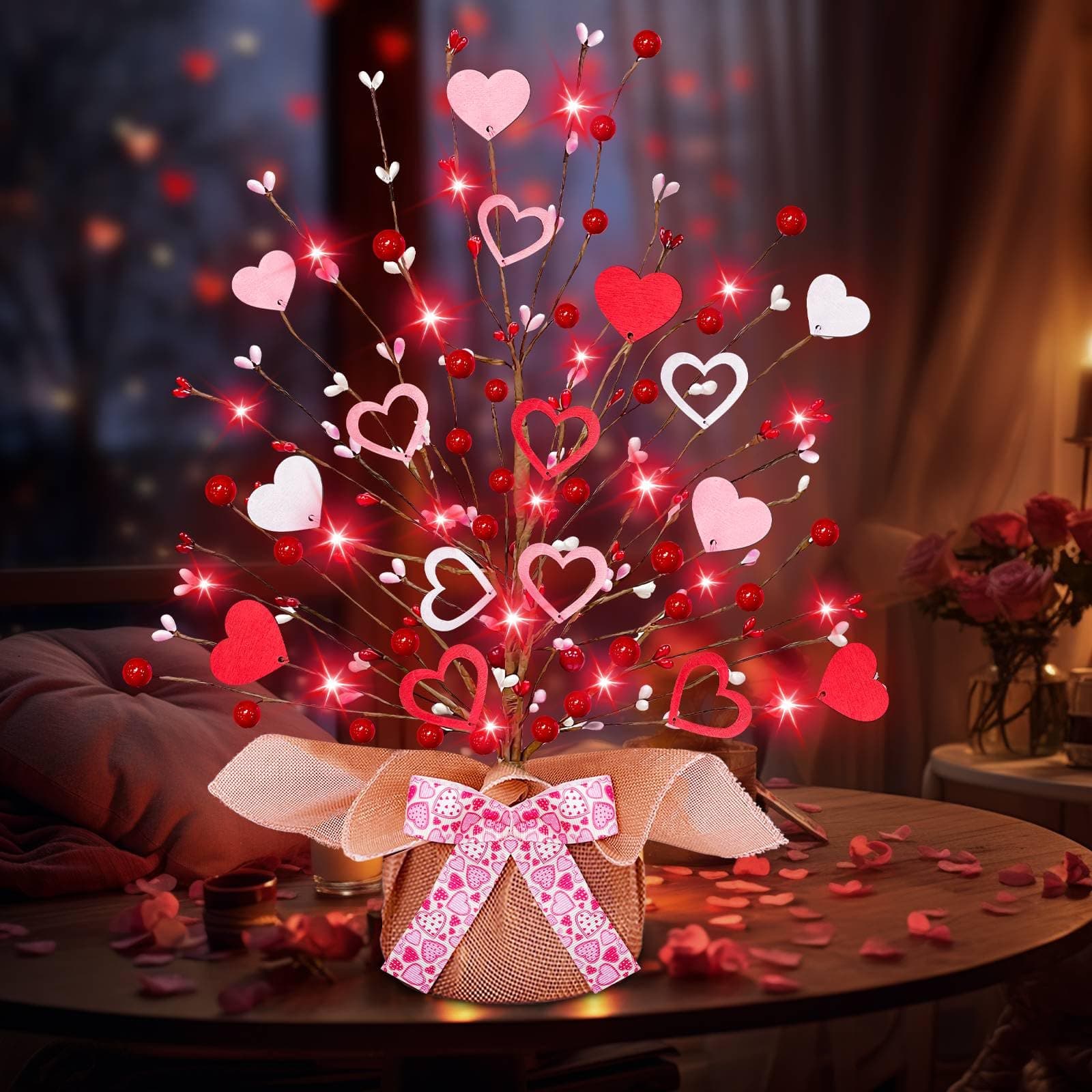 Valentine's Day Tree Tabletop Decorations with 20 Red Lights, Timer, Battery Ope - Thumbnail 7
