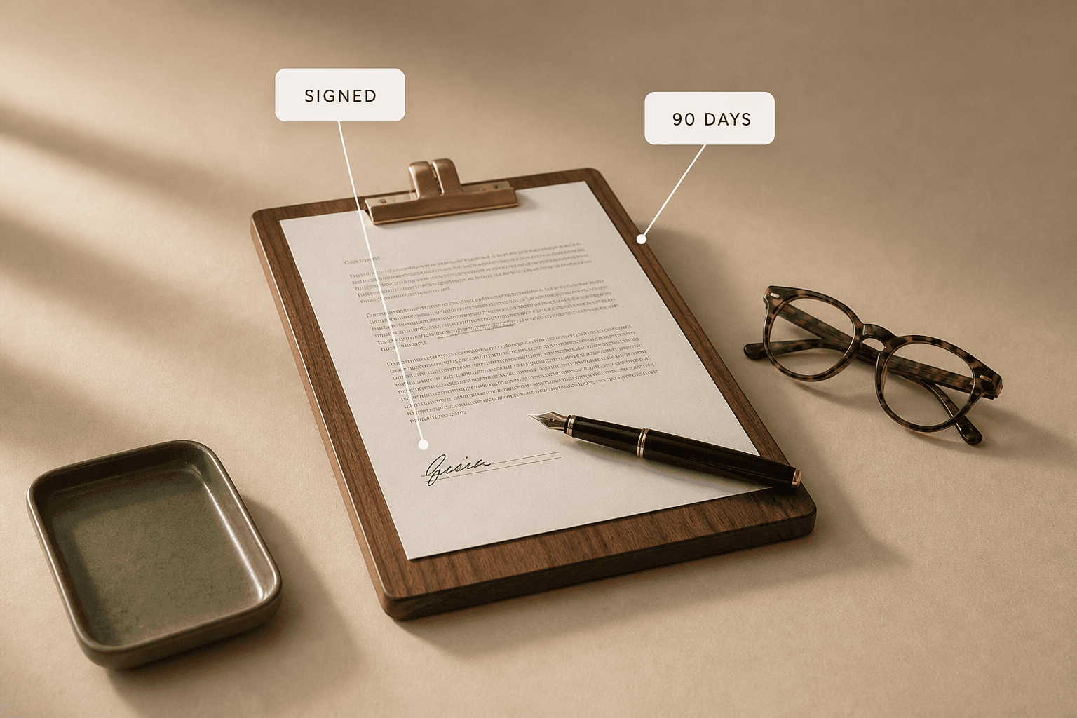 A signed consignment agreement on a walnut clipboard with a fountain pen and reading glasses beside it