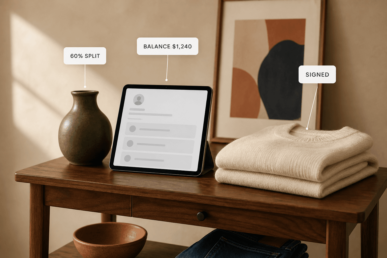 A consignment intake counter with a vase, folded knitwear and framed art beside a tablet showing a consignor account, each labelled with its split, balance and signed agreement