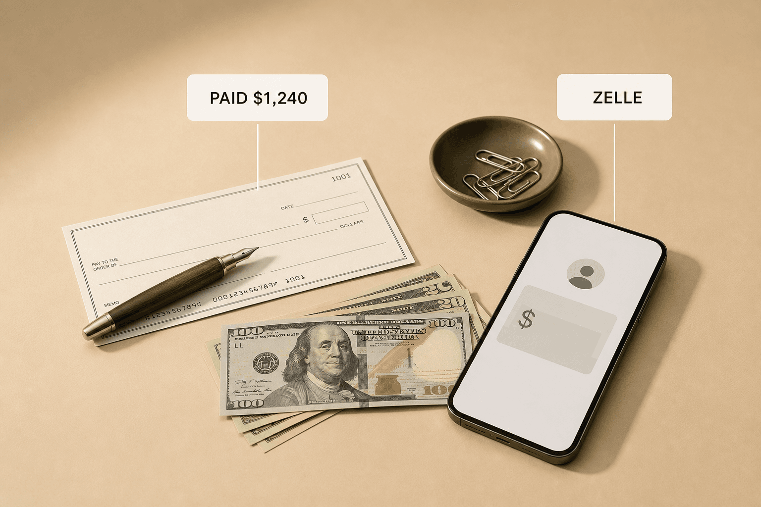 A printed check with a fountain pen resting on it, banknotes fanned beside it, and a phone showing a payment app