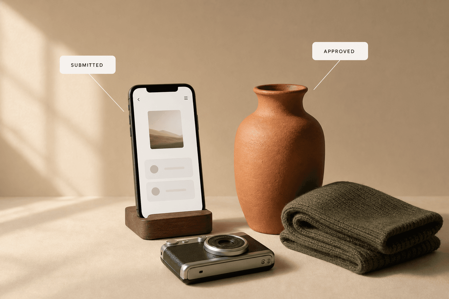 A phone on a wooden stand showing a consignor portal, beside a terracotta vase, folded knitwear and a camera