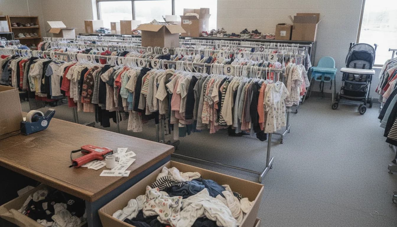 The floor of a children’s consignment shop: racks of small garments sorted by size dividers, with a tagging gun and a bin of folded baby clothes at the intake counter