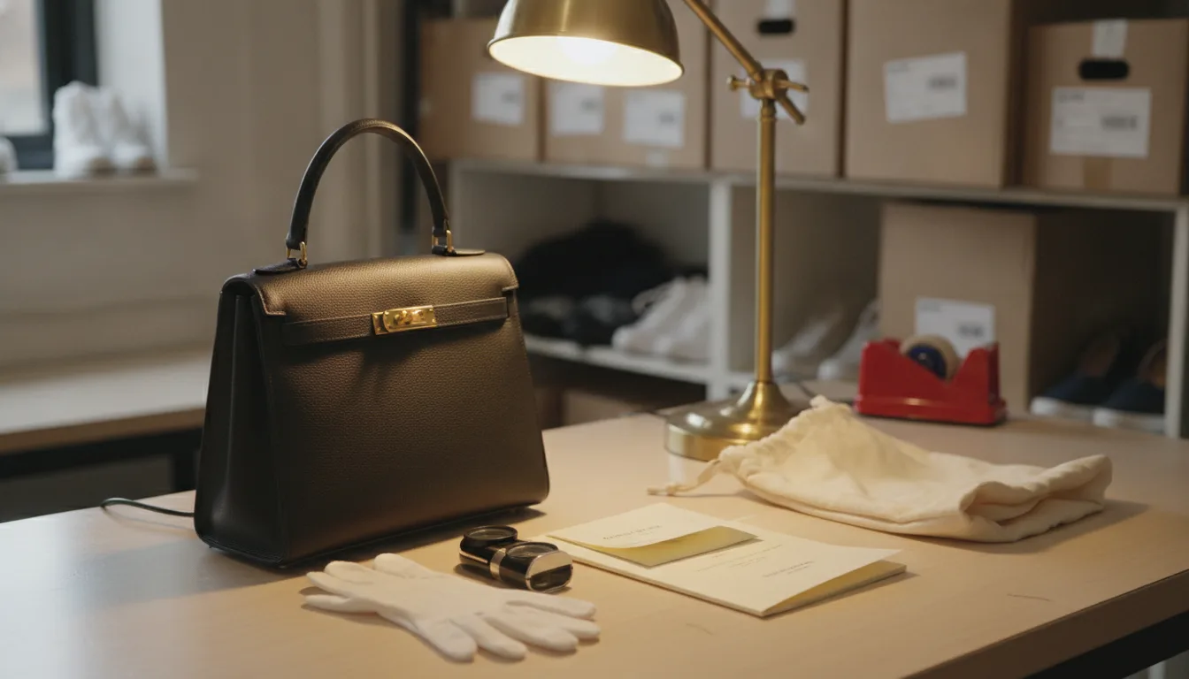 A luxury consignment intake bench: a structured leather handbag under a desk lamp beside inspection gloves, a loupe, a dust bag and its paperwork