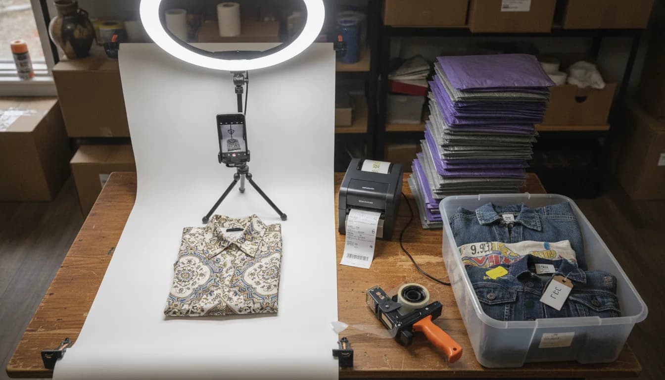 A reseller’s packing table set up to photograph and ship: phone on a tripod over a folded shirt, label printer, poly mailers and a bin of tagged items