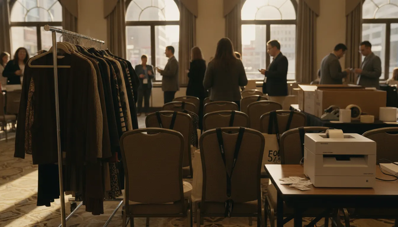 The back of a hotel ballroom set up for a resale trade event: rows of chairs with lanyards, a rack of consigned clothing and a label printer on a vendor table