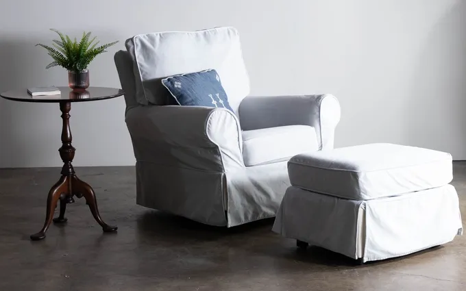 Pottery Barn Kids slipcovered swivel glider, as photographed