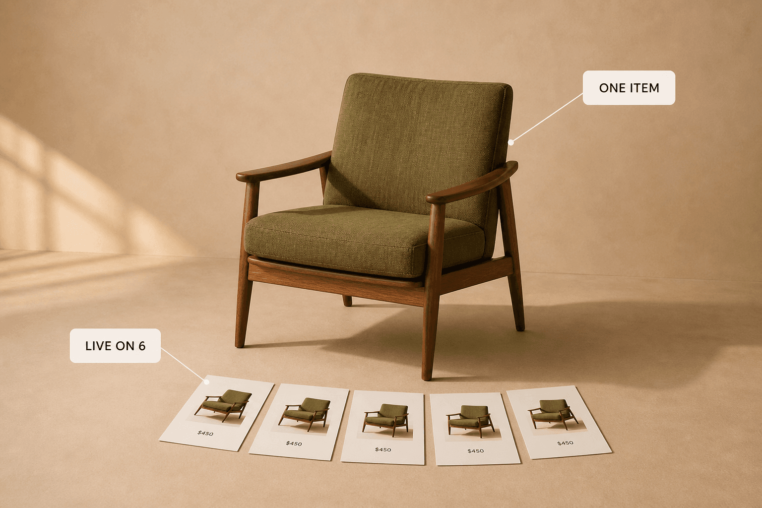 A single olive mid-century armchair with five identical printed listing cards fanned out on the floor in front of it, labelled one item and live on six