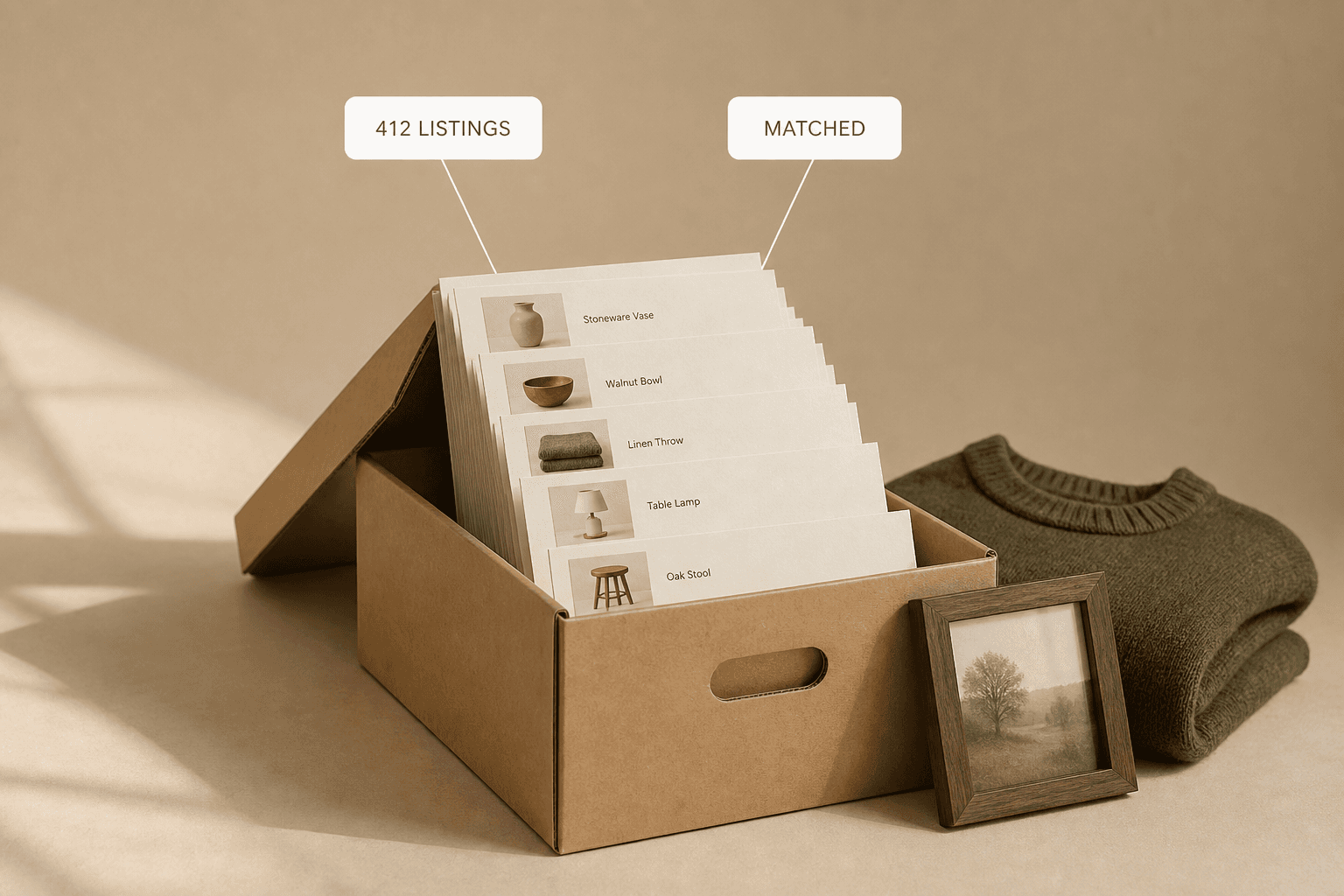 An open kraft archive box with a fanned stack of printed listing sheets rising out of it, labelled 412 listings and matched
