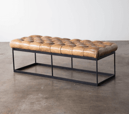 Industrial Tufted Tan Leather Bench with Black Metal Frame