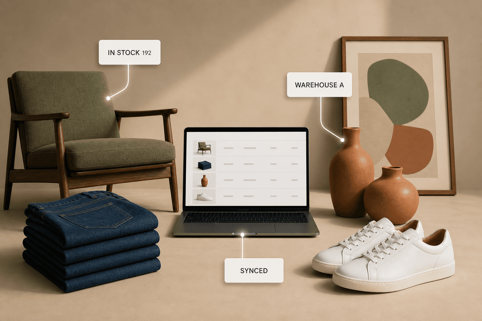 An inventory catalog on a laptop surrounded by furniture, denim, ceramics and sneakers, each labelled with its stock count and location