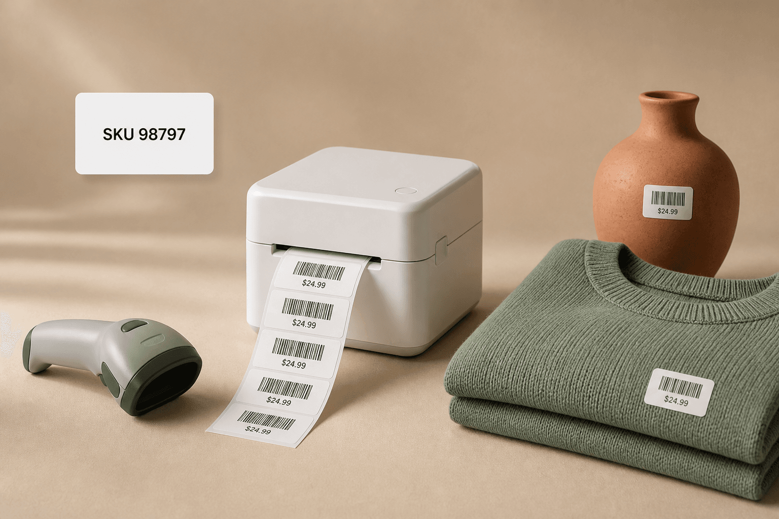 A thermal label printer dispensing barcode price labels, with tags applied to a folded sweater and a ceramic vase