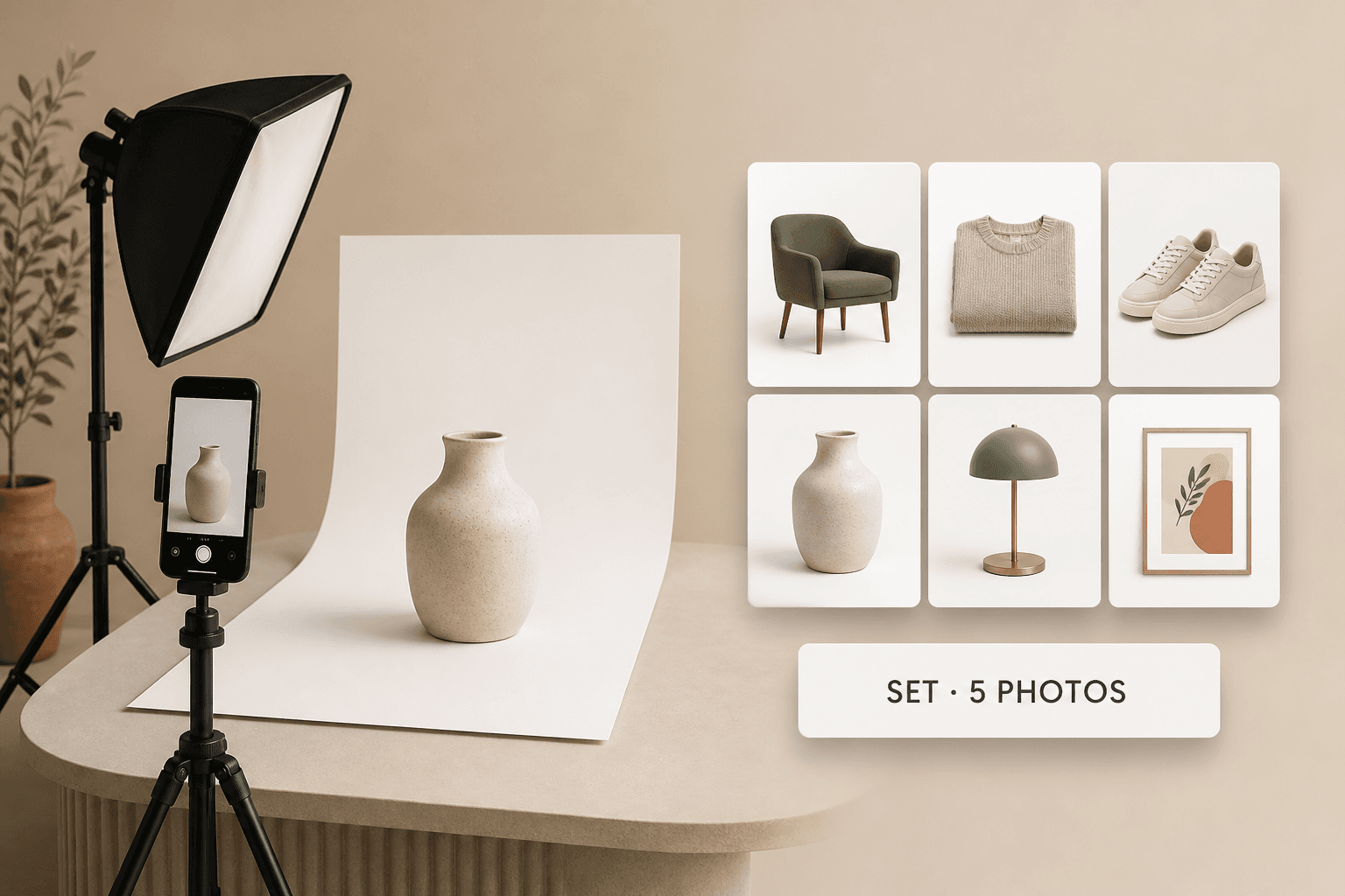 A small photo table with a lamp, a ceramic vase and folded knitwear being photographed, labelled nine photos and five items