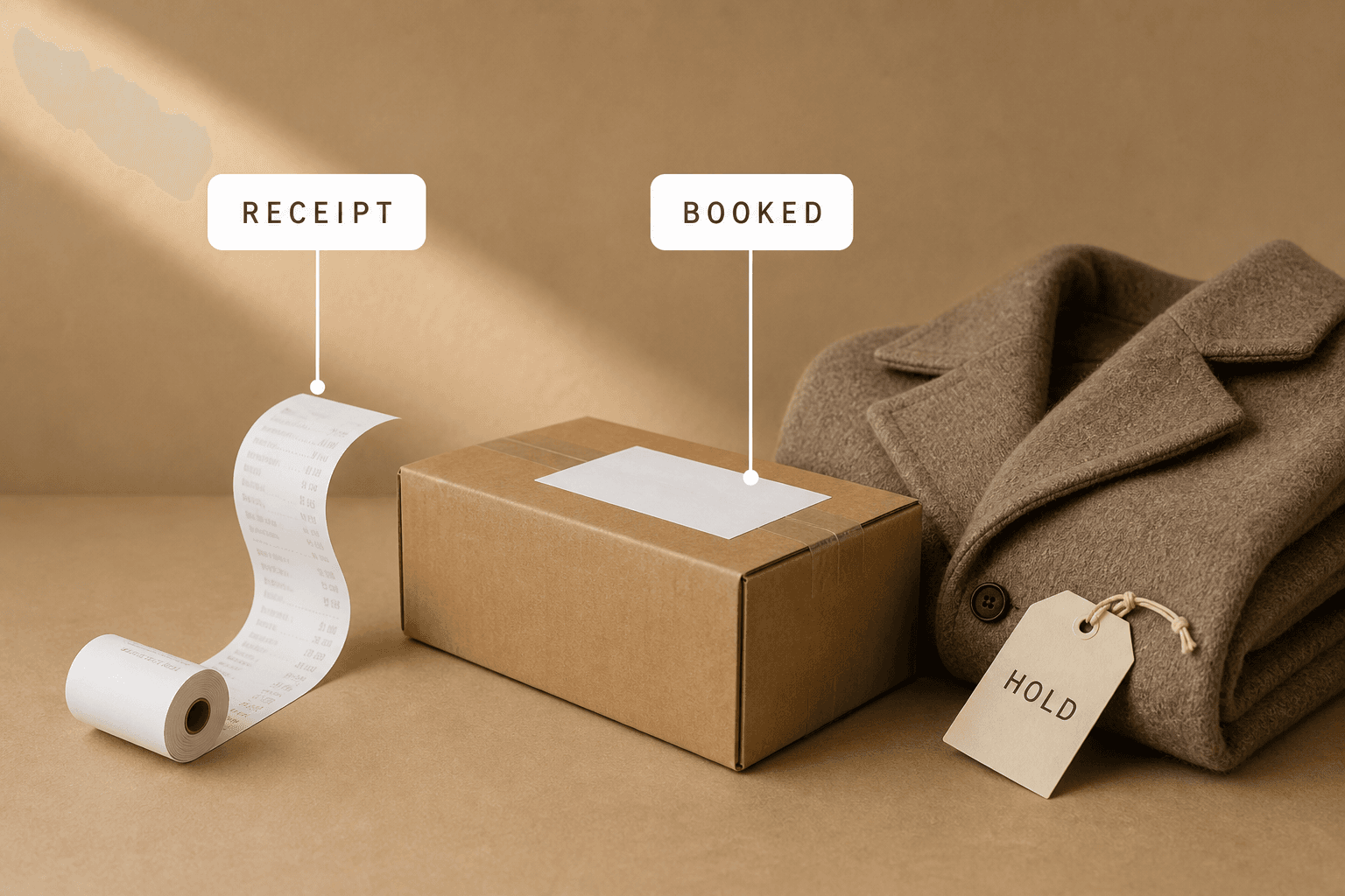 A wrapped purchase and receipt on a shop counter beside a plant and a card reader, labelled sold and delisted