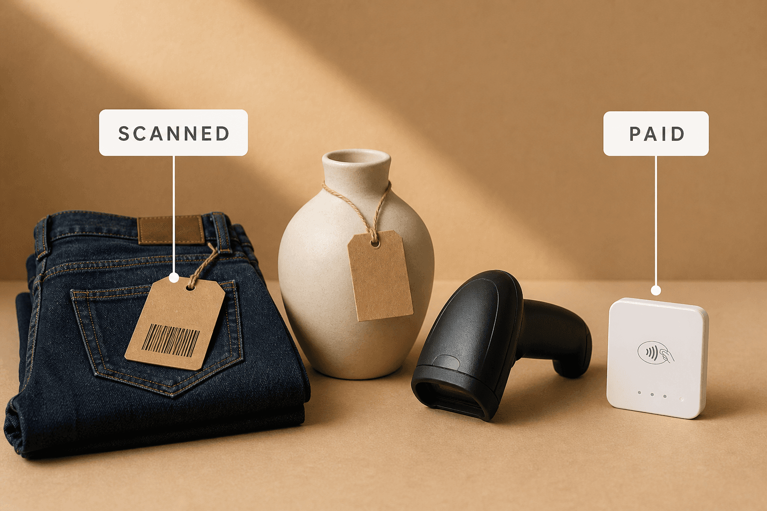 Folded vintage jeans and a ceramic vase with kraft barcode swing tags, beside a handheld barcode scanner and a contactless card reader, labelled scanned and paid