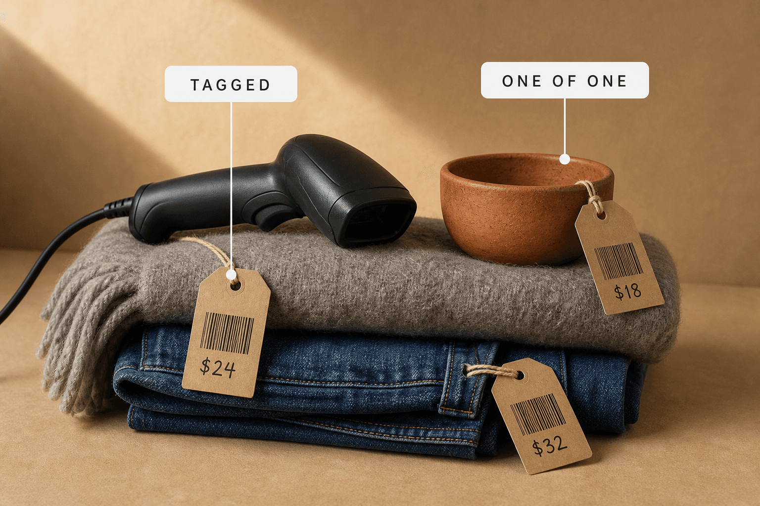 A card reader, barcode scanner and tagged folded denim on a warm counter, labelled scanned and paid