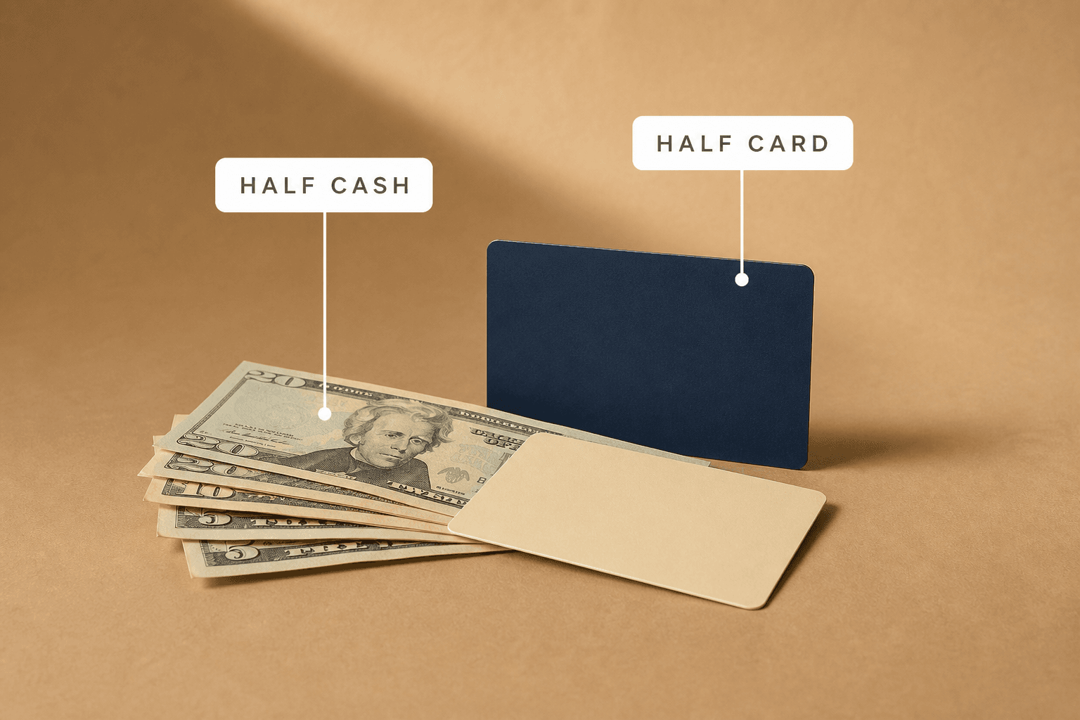 A fan of banknotes, a plain navy credit card standing on its edge and a blank cream gift card lying across them, labelled half cash and half card