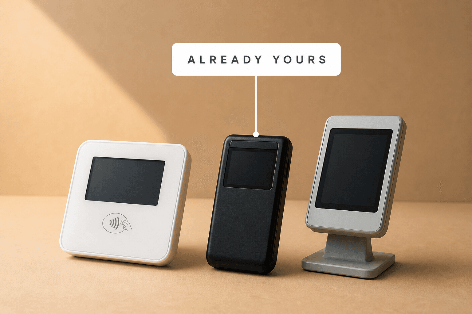 Three unbranded contactless card readers standing in a row on a warm tan backdrop, labelled already yours