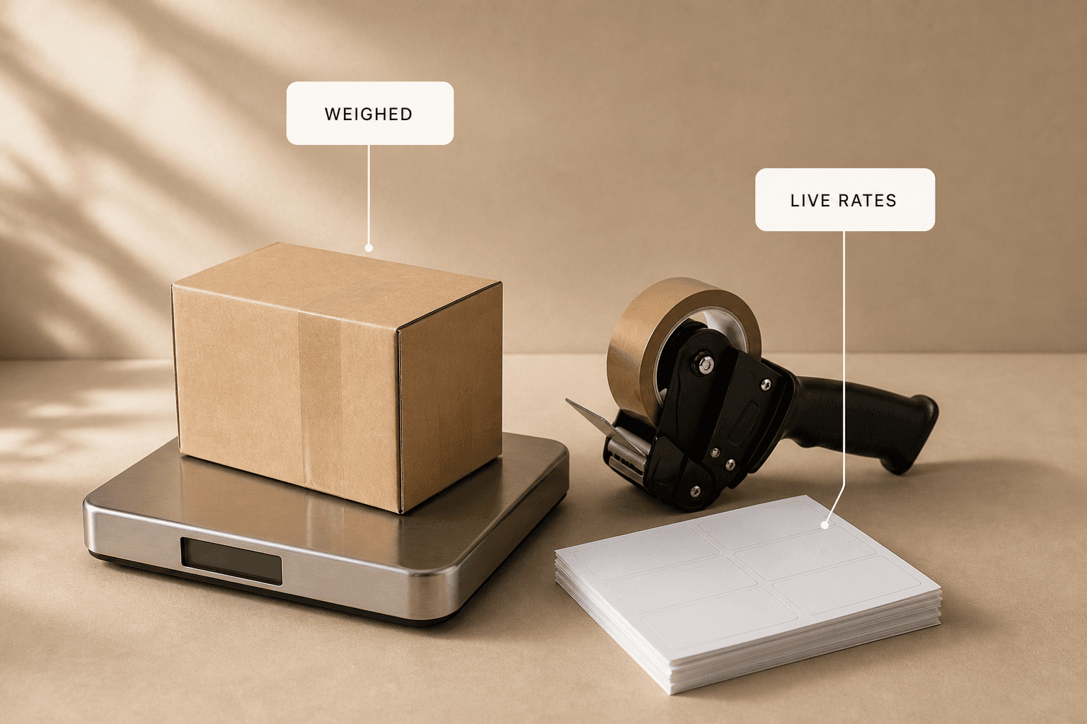 A kraft parcel sitting on a steel parcel scale beside a tape gun and a stack of blank 4 by 6 labels, labelled weighed and live rates